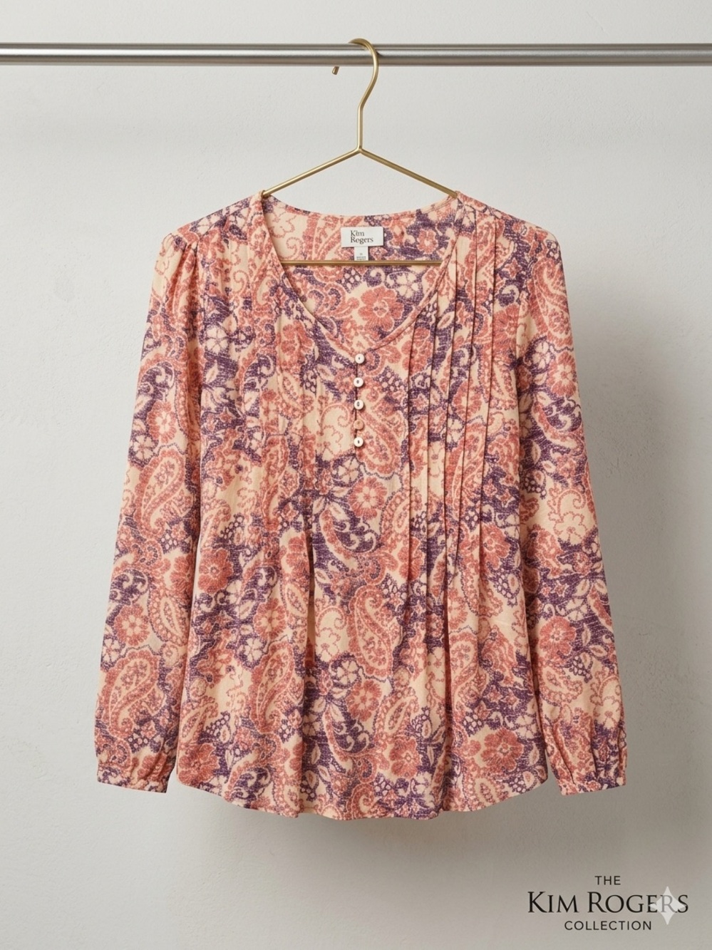Kim Rogers Peach and Purple Paisley Long-Sleeve Blouse
